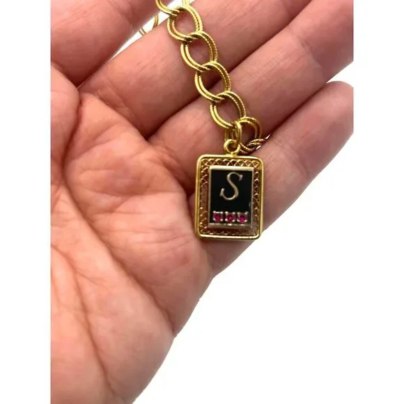 Gold S Initial Charm Chain Bracelet With Pendant Pink Stones - Picture 2 of 3